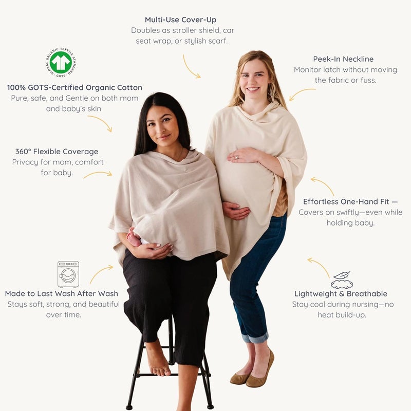 MakeMake Organics Knit Breathable Nursing Cover Up for Breastfeeding - Soft GOTS Certified Organic Cotton Breastfeeding Cover Up for Women - Privacy Feature, Beige - Image 5